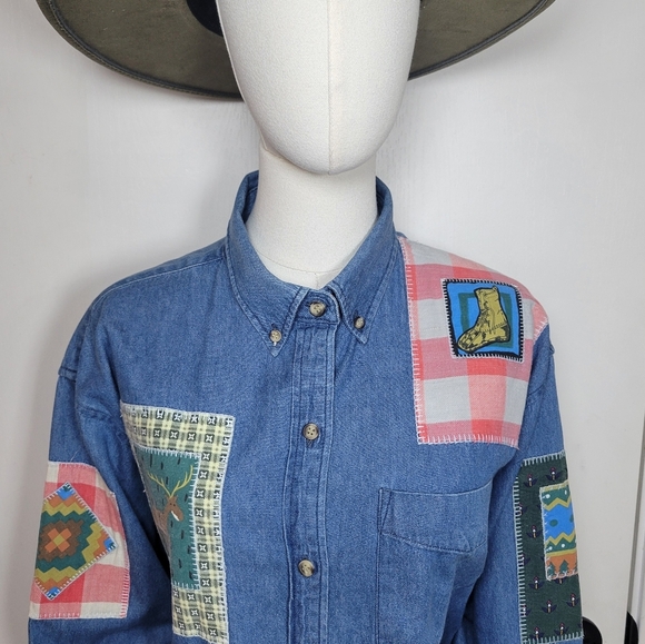 Vintage Ashley Hill Wilderness Denim Shirt Patchwork Western Outdoors Vibes L - Picture 8 of 16
